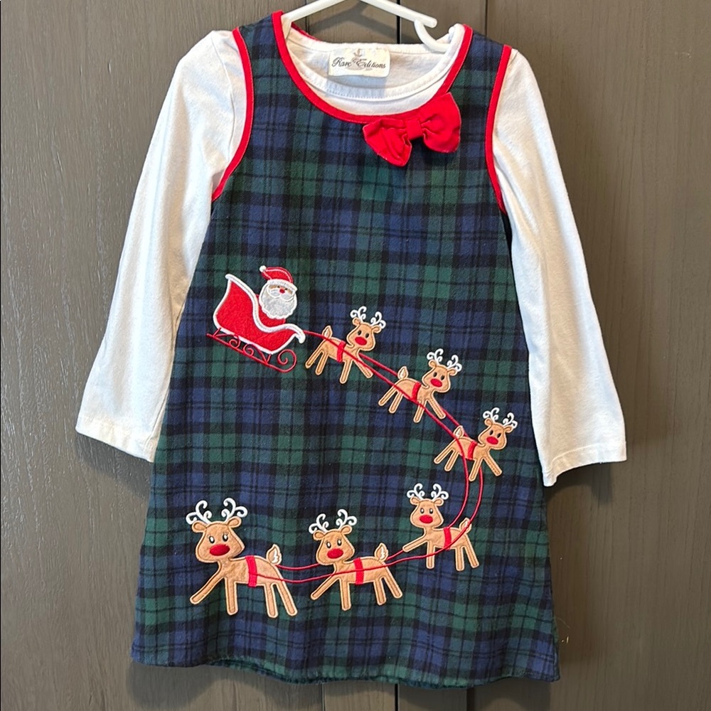 Rare Editions Festive Plaid Dress with Santa and Reindeer